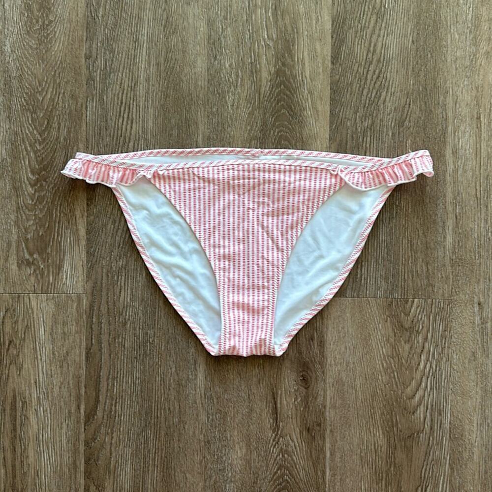 Aerie Low Rise Ruffle Trim Bikini Bottom Pink &‎ White Stripe Large